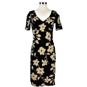 HOURGLASS Dress Knee Length Shift  Split Short Sleeve Floral Black Tan Size LG